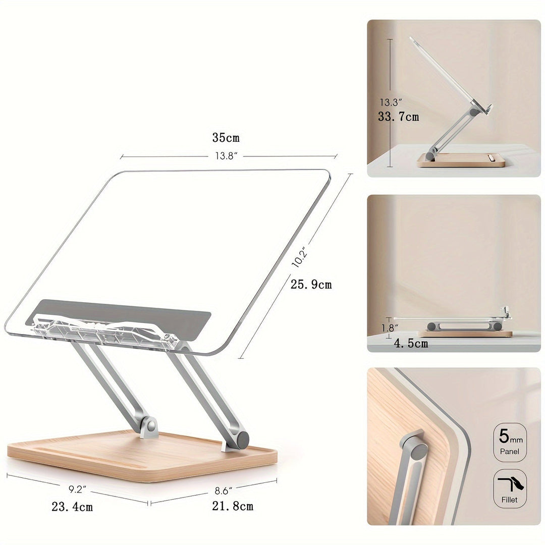 Acryl leesstandaard op een bureau met een open boek, bevordert ergonomisch lezen en een opgeruimde werkplek.