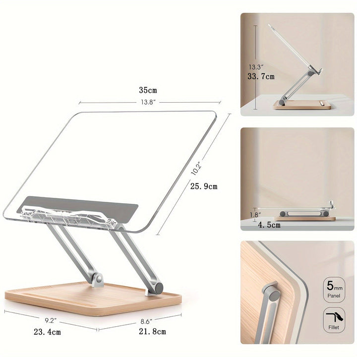 Acryl leesstandaard op een bureau met een open boek, bevordert ergonomisch lezen en een opgeruimde werkplek.