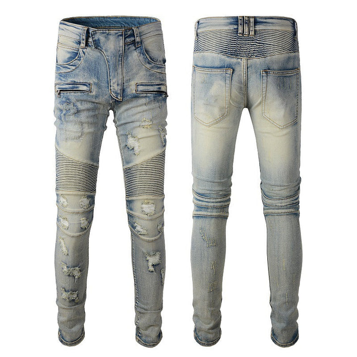 Moderne stretch herenjeans: lichtblauwe skinny bikerjeans met trendy scheuren en urban design.
