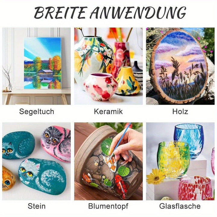Een overzicht van de complete acrylverfdoos met 18 kleuren en 10 penselen, alle kunstbenodigdheden in één set.