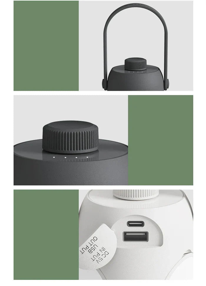 Close-up van de LumiCamp draagbare LED lamp met USB oplaadpoort en handige ophanghaak.