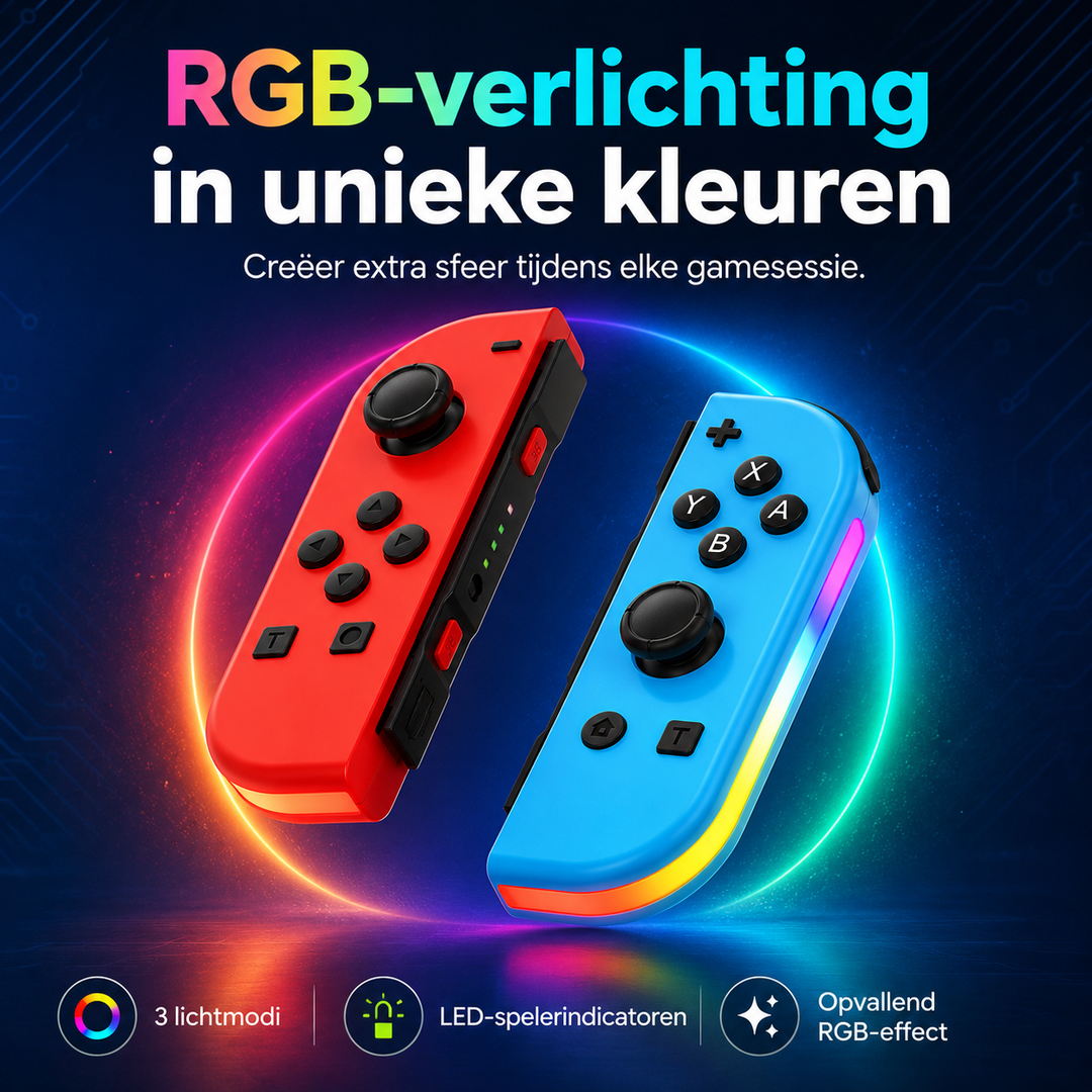 Gaming controller met heldere RGB LED verlichting, perfect voor Nintendo Switch avonturen.
