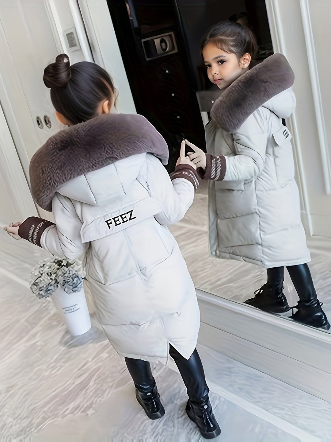 Lange warme winterjas voor meisjes met capuchon, perfect voor school en buiten spelen.