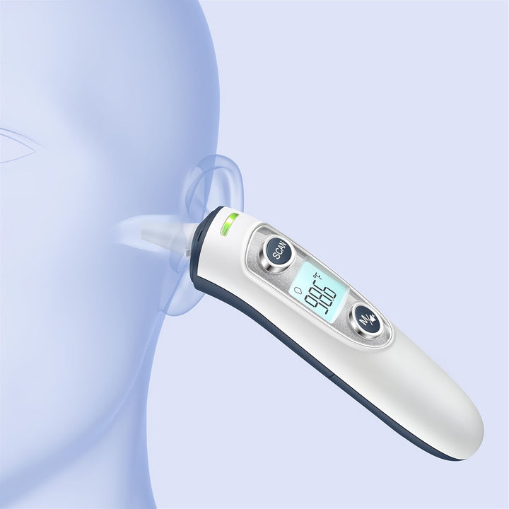 Digitale 2-in-1 thermometer voor snelle 1-seconde meting via voorhoofd of oor. Ideaal voor familie.