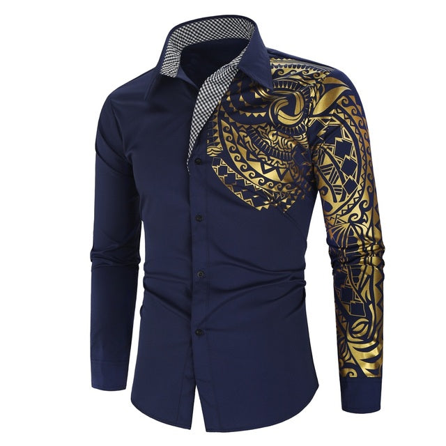 Stijlvol slim fit herenoverhemd met glanzende gouden details op kraag en manchetten, lange mouwen.