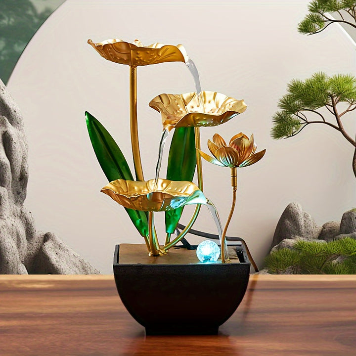 Decoratieve waterfontein met lotusbloem voor een sfeervol interieur en ultieme rustbeleving.