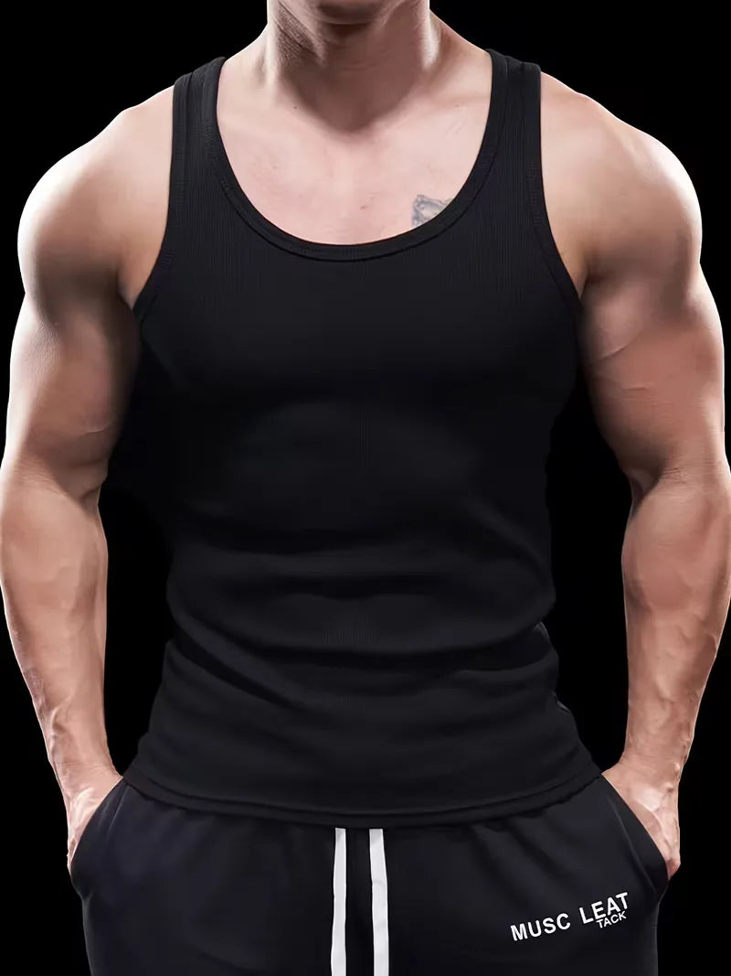 Heren slim fit gym tanktop, geribd, optimaliseert prestaties bij fitness en andere sporten in de zomer.