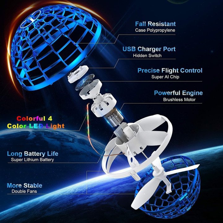 Blij kind bestuurt interactieve mini-drone met de hand. Kleurrijke LED-lampjes zorgen voor extra vliegplezier.