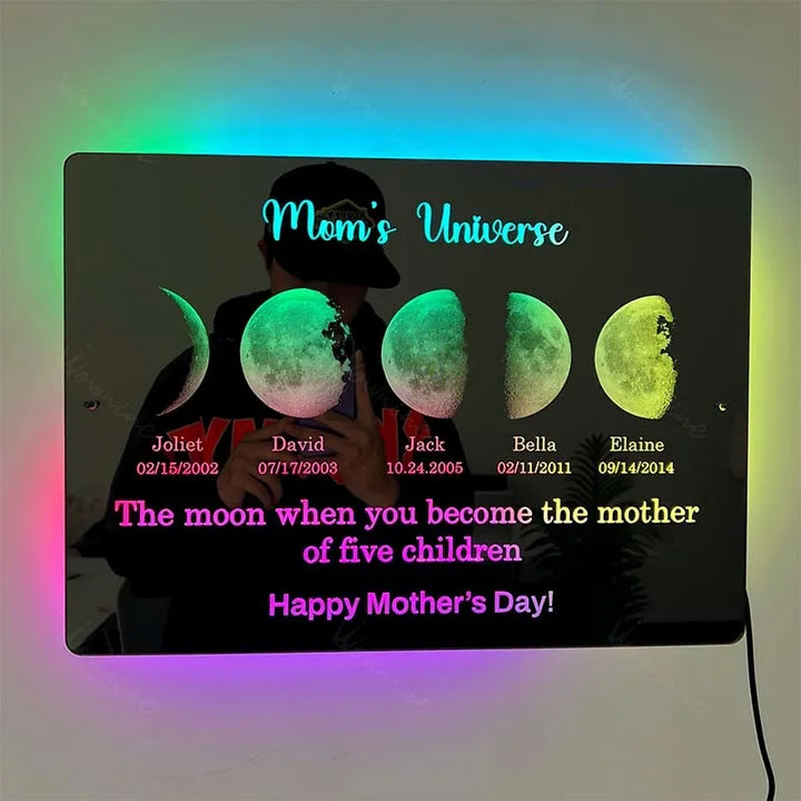 Unieke gepersonaliseerde maanfase kunstprint, een emotioneel cadeau voor moeders met een speciale herinnering.