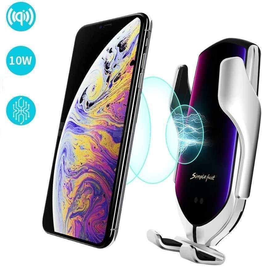 Universele autotelefoonhouder met automatische klem en draadloze Qi oplader voor smartphones.