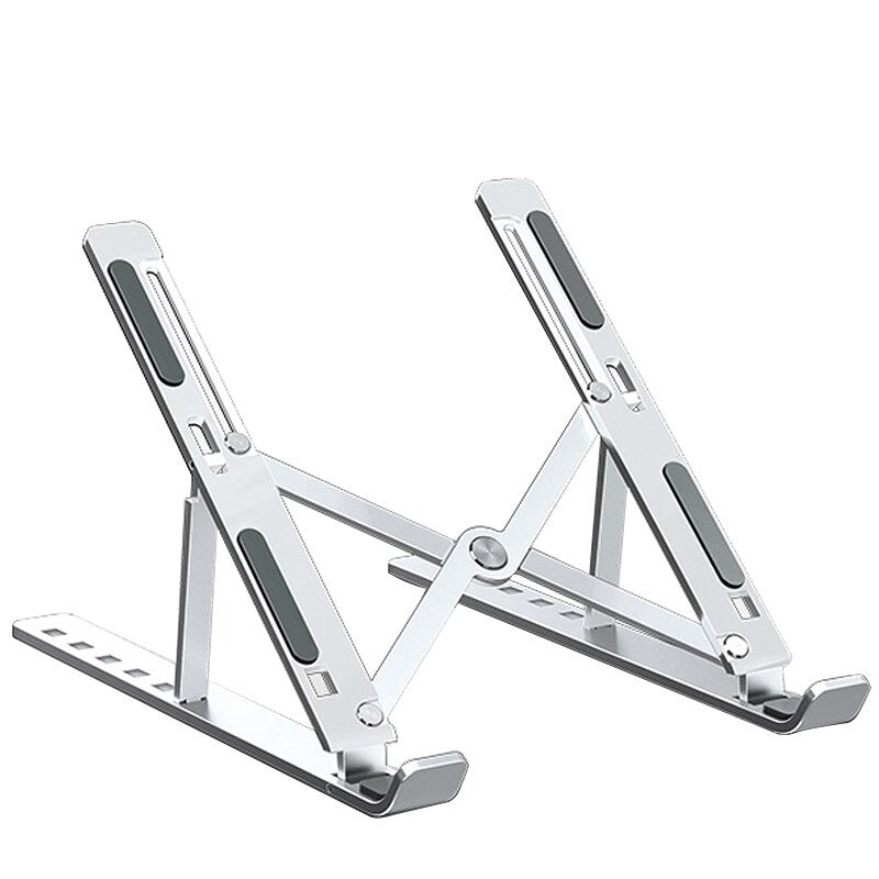 Verstelbare en draagbare zilveren laptopstandaard, ideaal voor ergonomische thuiswerkplek of kantoor.