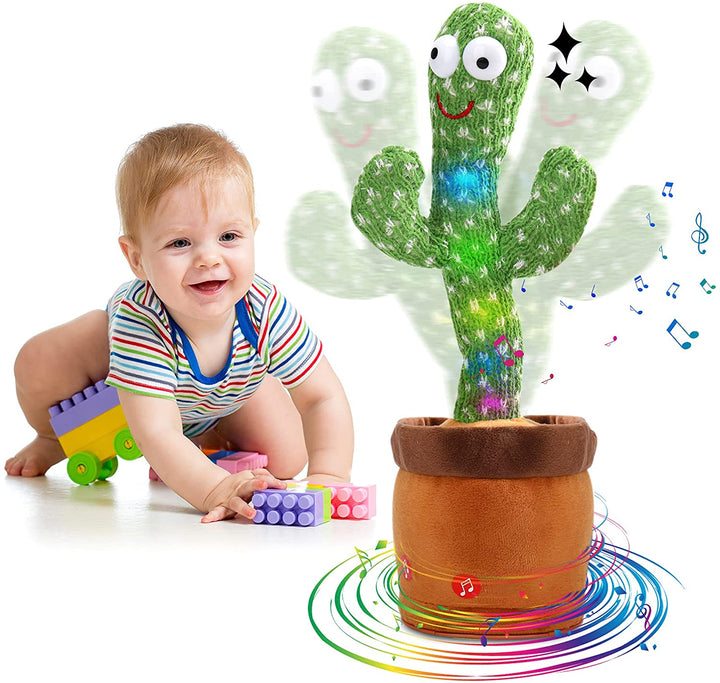 Kind lacht met interactieve dansende en zingende cactus, educatief baby- en peuterspeelgoed. Vrolijk cadeau.