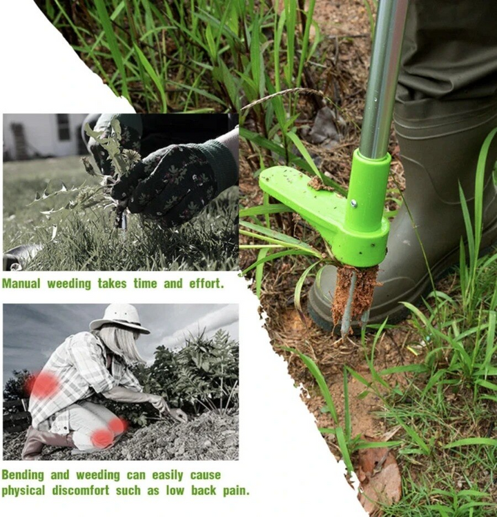 Duurzame staande onkruidtrekker van aluminium voor pijnvrij tuinonderhoud. Moeiteloos en snel onkruid wieden.