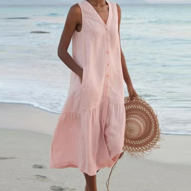 Liora dames midi-jurk, casual zomerjurk van katoenblend, perfecte ademende dameskleding voor de zomer.