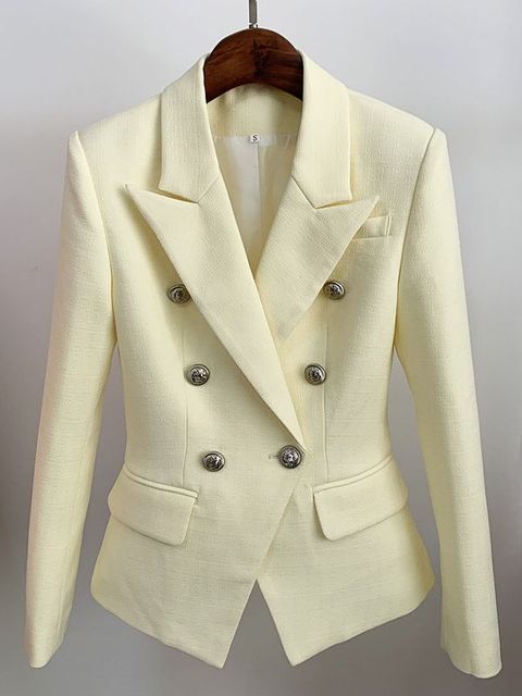 Dames getailleerde blazer met stijlvolle gouden leeuwenknopen, elegant en chic.
