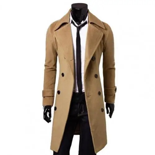 Zwarte heren trenchcoat, elegante jas met dubbele knopen. Winddichte klassieke overkleding voor heren.