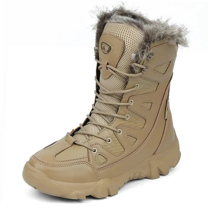 Zwarte stoere heren winterlaarzen, perfect voor comfortabele wintermode en buitenactiviteiten in koude sneeuw.