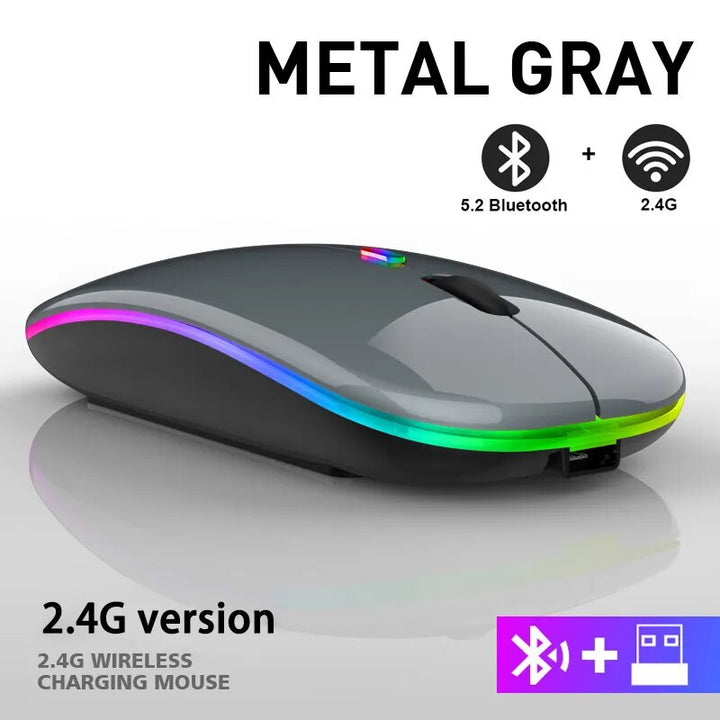 Draadloze oplaadbare muis met LED, ergonomisch ontwerp, perfect als computeraccessoire voor elk bureau.