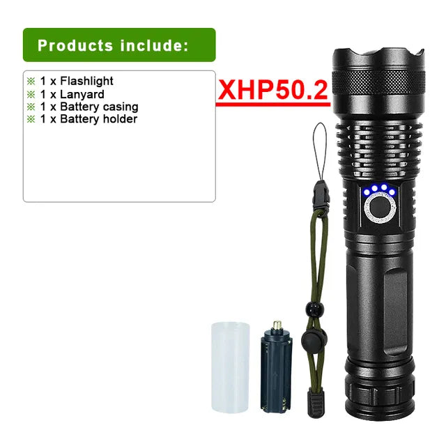 Ultraheldere LED zaklamp, oplaadbaar, waterdicht, onmisbaar voor outdoor avonturiers.