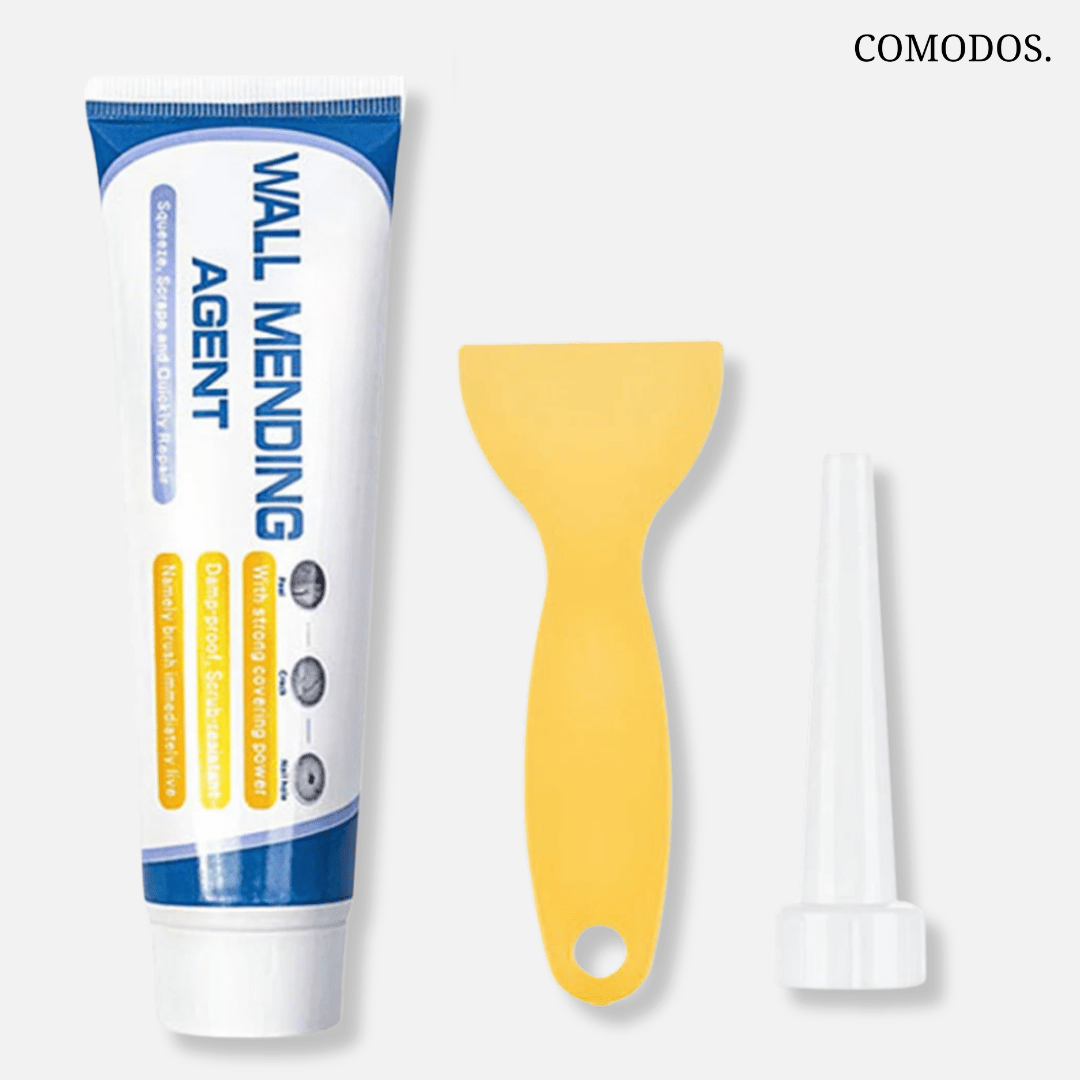 Muurherstelcrème met applicator, ideaal voor doe-het-zelf wandreparatie en naadloze witte afwerking.