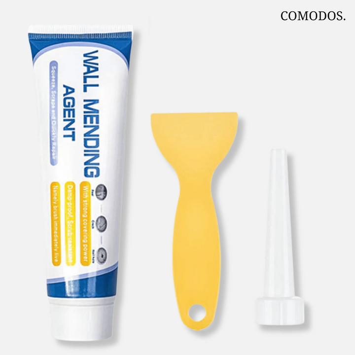 Muurherstelcrème met applicator, ideaal voor doe-het-zelf wandreparatie en naadloze witte afwerking.