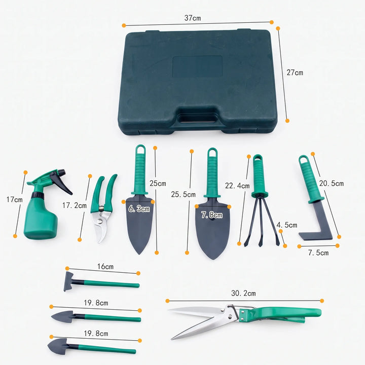 Draagbare tuingereedschapset met 10 essentiële items, ideaal voor tuinieren overal in de tuin.