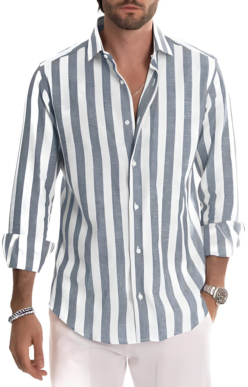 Modern gestreept herenoverhemd, veelzijdig en stijlvol, ideaal voor zomeravonden en casual outfits.