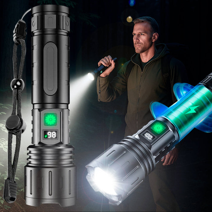 Helderste 100.000 lumen LED zaklamp voor nachtelijke outdoor avonturen en survival.