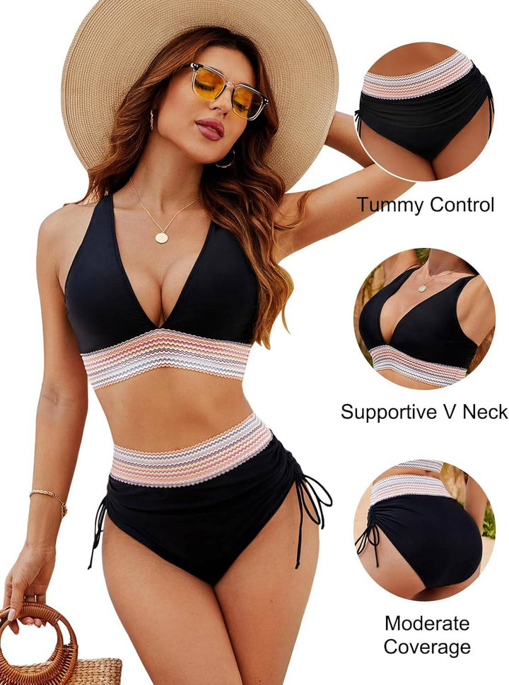 Hoge taille buikcontrole bikini voor dames, corrigerend, met levendig kleurblok patroon.