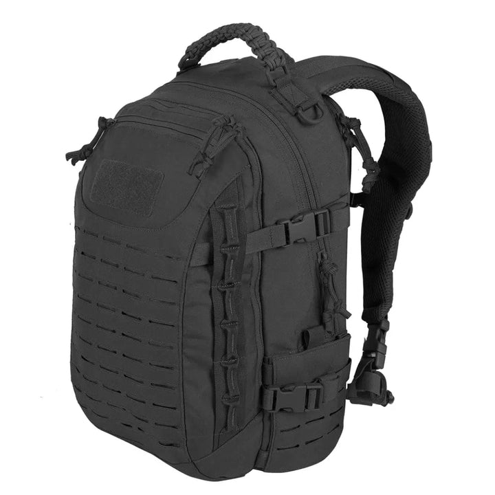 Zwarte 30L commando rugzak, veelzijdig voor wandeltochten, reizen en dagelijks gebruik (EDC). Duurzaam en praktisch.