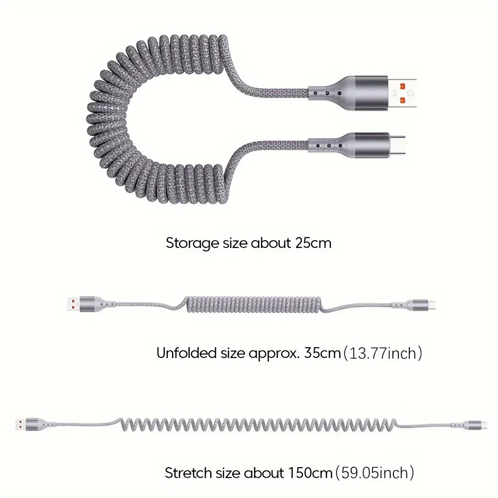 Flexibele USB-C veerkabel 100W voor snel opladen, ideaal voor auto of bureau.