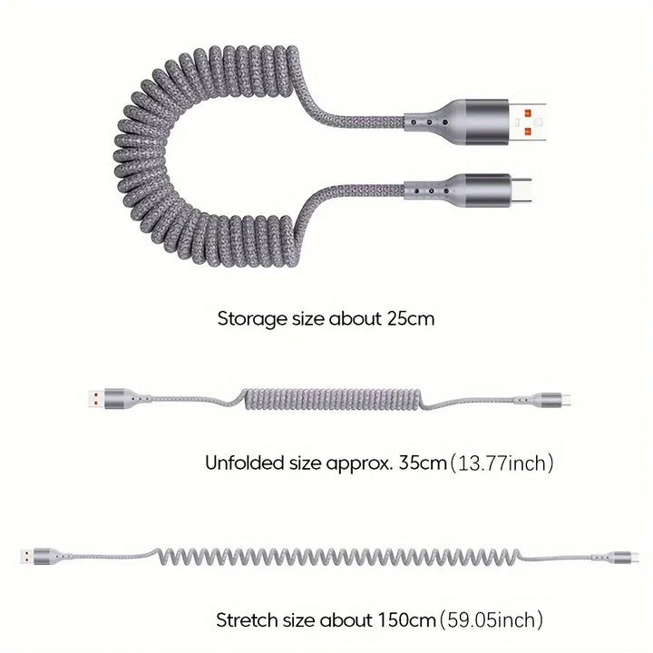 Flexibele USB-C veerkabel 100W voor snel opladen, ideaal voor auto of bureau.