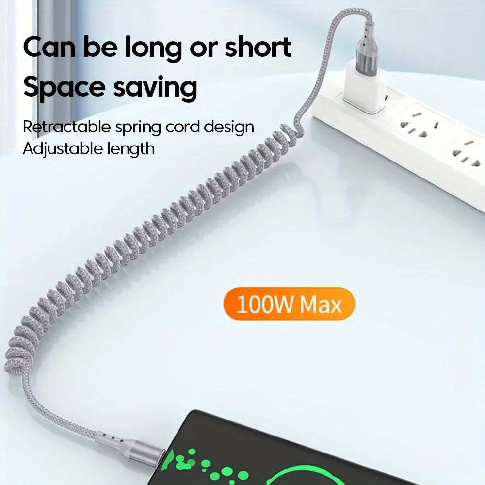Duurzame 100W USB-C veerkabel, knoopvrij ontwerp voor langdurig gebruik en snelladen.