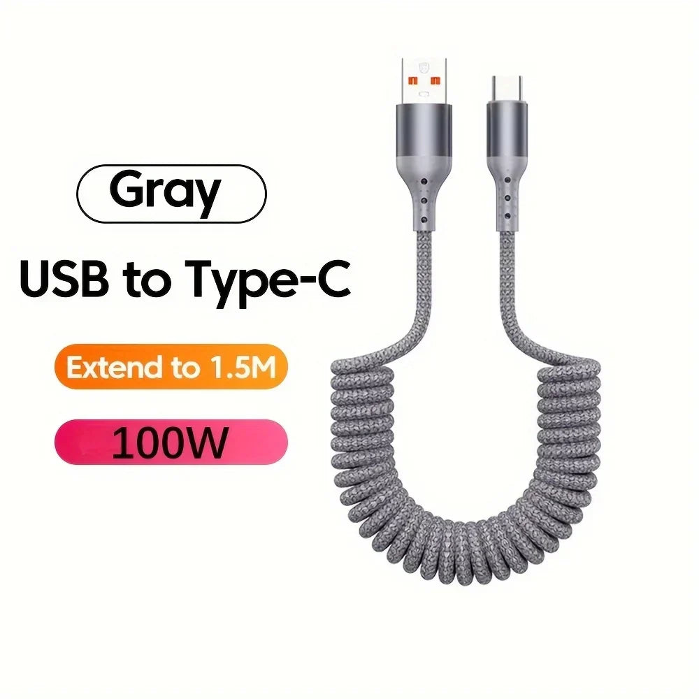 Handige 100W USB-C oplaadkabel met veer, perfect voor onderweg en snelladen.