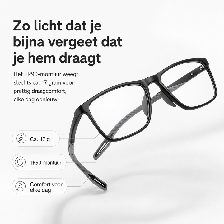 Man met comfortabele SANDSBERGORIGINALS unisex leesbril, toont lichtgewicht TR90 montuur.