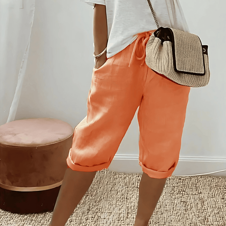 Dames harembroek van katoen/linnen, knielengte zomerbroek met elastische taille voor comfortabele casual look.