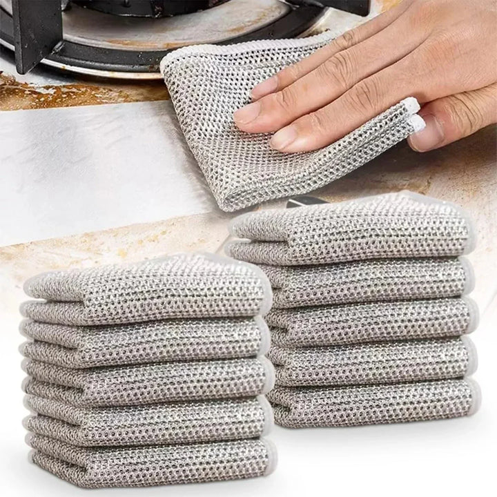 Multifunctionele draadschoonmaakdoek van duurzaam metaaldraad voor effectieve vlekverwijdering in keuken en huis.