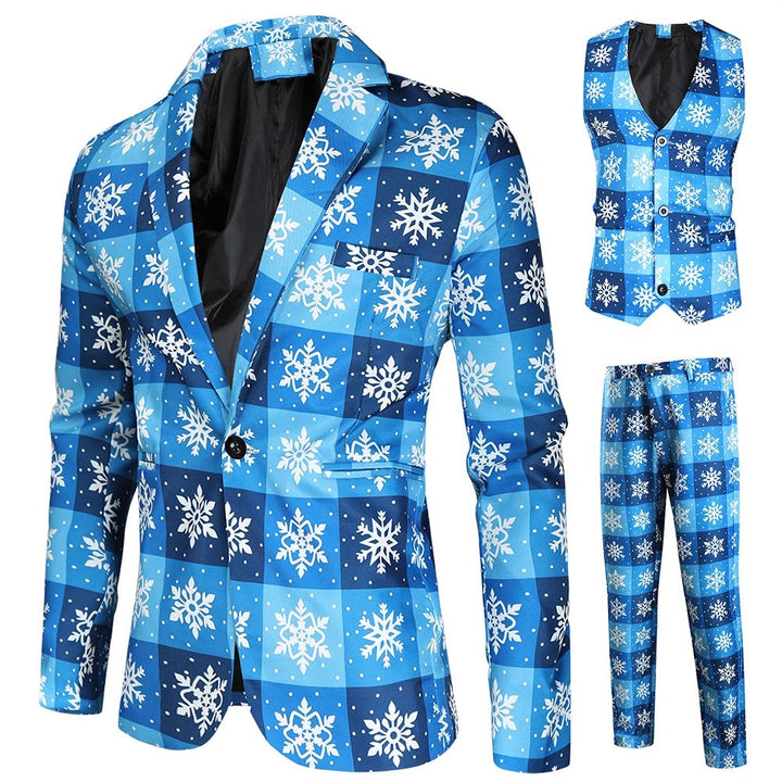 Prachtig heren kerstpak, 3-delige outfitset met blazer, gilet en broek, perfect voor de feestdagen.