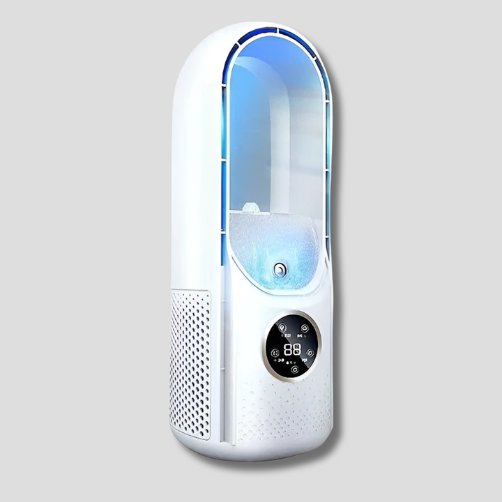 Witte bladloze torenventilator met blauwe details. Stille, moderne ventilator voor efficiënte luchtkoeling.