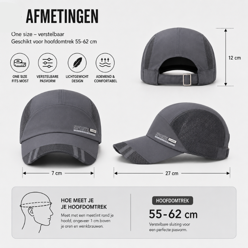 Comfortabele hardloopcap, lichtgewicht en ademend, voor lange afstanden en outdoor avonturen.