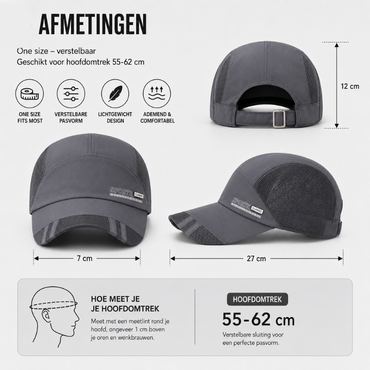 Comfortabele hardloopcap, lichtgewicht en ademend, voor lange afstanden en outdoor avonturen.