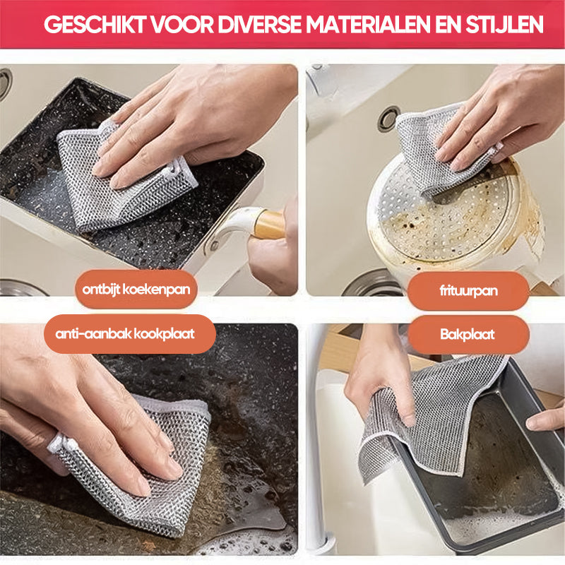 Verpakking met 5 herbruikbare, multifunctionele schoonmaakdoekjes voor elk schoonmaakklusje.