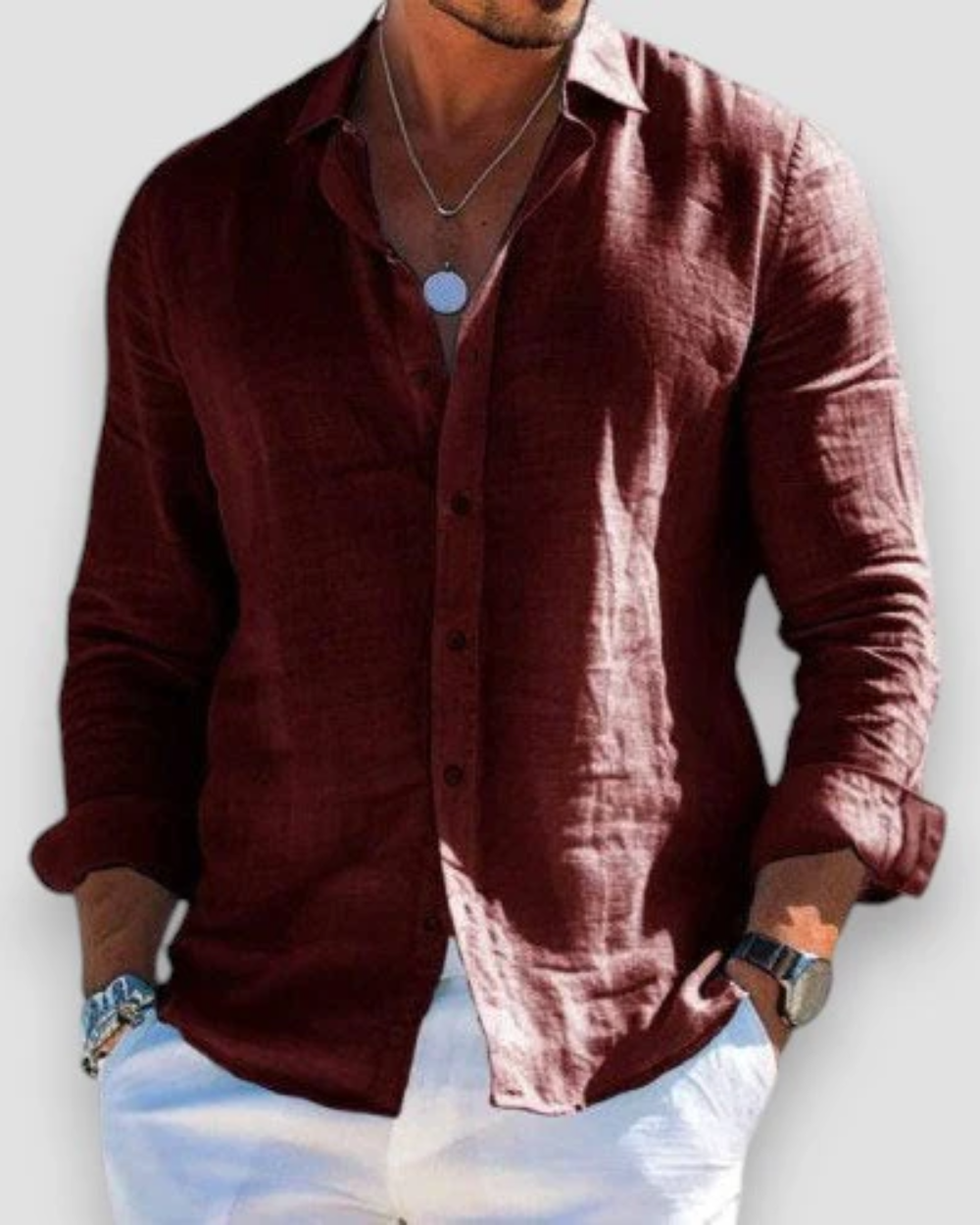 Tijdloos heren overhemd, klassiek en elegant met lange mouwen. Geschikt voor formele en casual zomer/lente outfits.