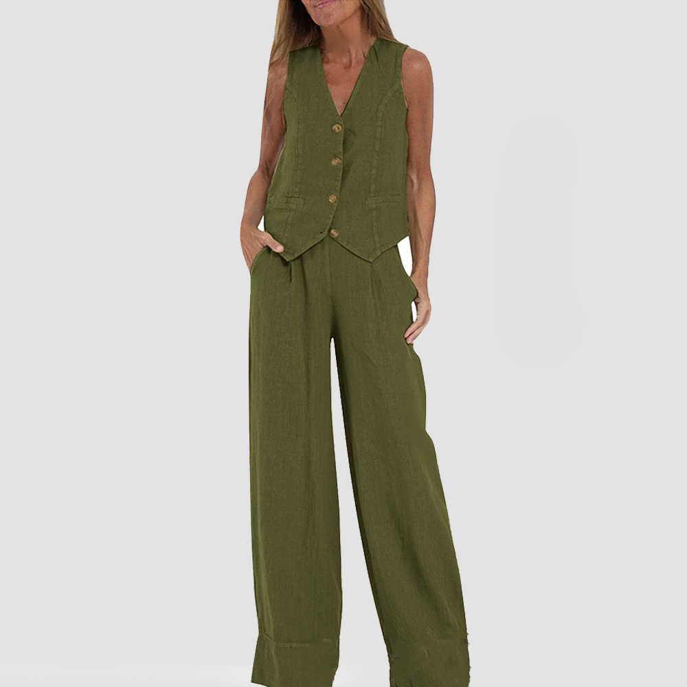 Elegant mouwloos linnen pak voor dames, ideaal voor zakelijk of casual chic in de zomer.