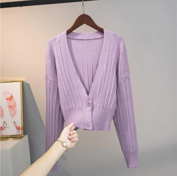 Achteraanzicht van de veelzijdige dames cropped sweater met stijlvolle ronde hals.