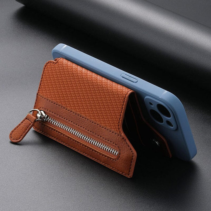 Stijlvolle unisex telefoon portemonnee, compact design met handige standaardfunctie.