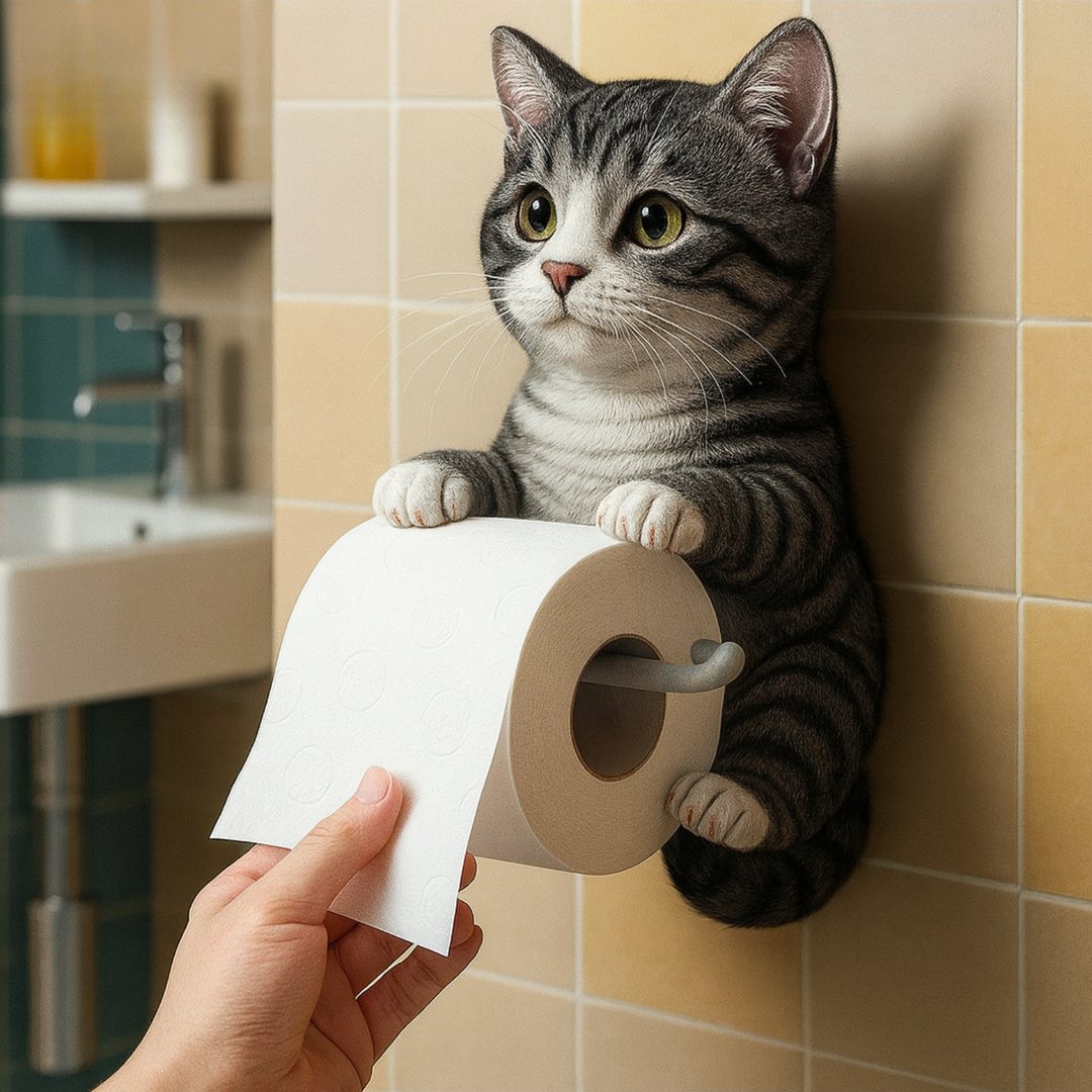 Speelse katten toiletpapierhouder van hars, perfect voor wandmontage in de badkamer.
