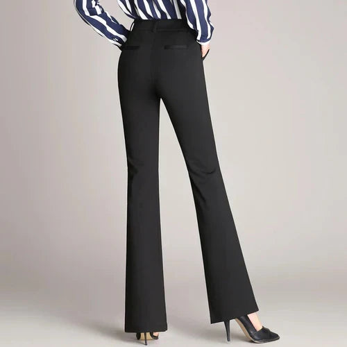 Zwarte ponte dames stretchbroek met hoge taille en uitlopende pijpen, slanke pasvorm en comfortabel.