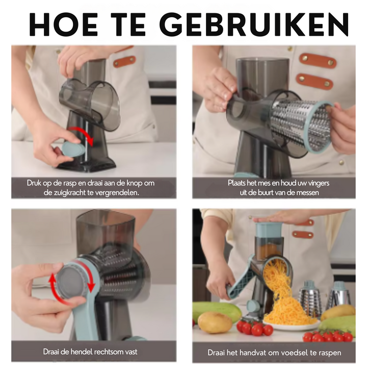 Een handige snijder die wortels en andere harde groenten snel en gelijkmatig prepareert voor soep of salade.