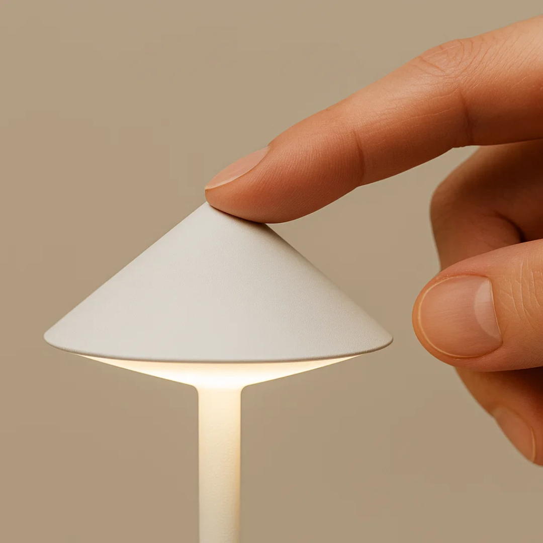 Oplaadbare ClarityGlow LED lamp, dimbaar en waterdicht, voor draadloze sfeerverlichting in tuin of huis.